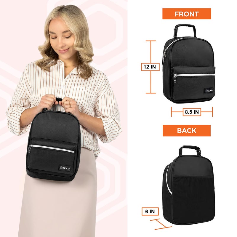opux Lunch Box for Girls Boys Kids, Insulated Leakproof Lunch Bag, Reusable Teen Lunch Boxes for School, Medium Large lunchbox for Women Men Adult for Work with Front Back Pocket (Black) - Image 2